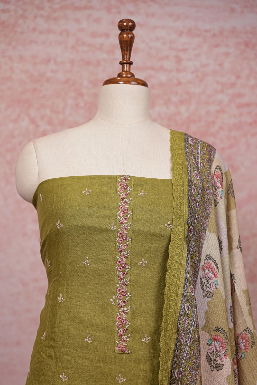Moss Green Linen Embroidery Worked Unstitched Churidhar Material
