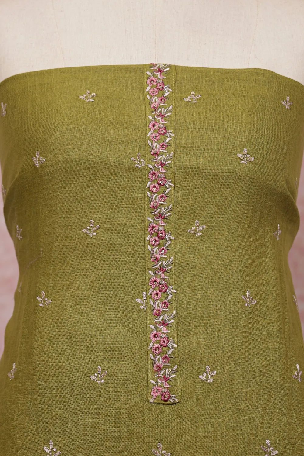 Moss Green Linen Embroidery Worked Unstitched Churidhar Material