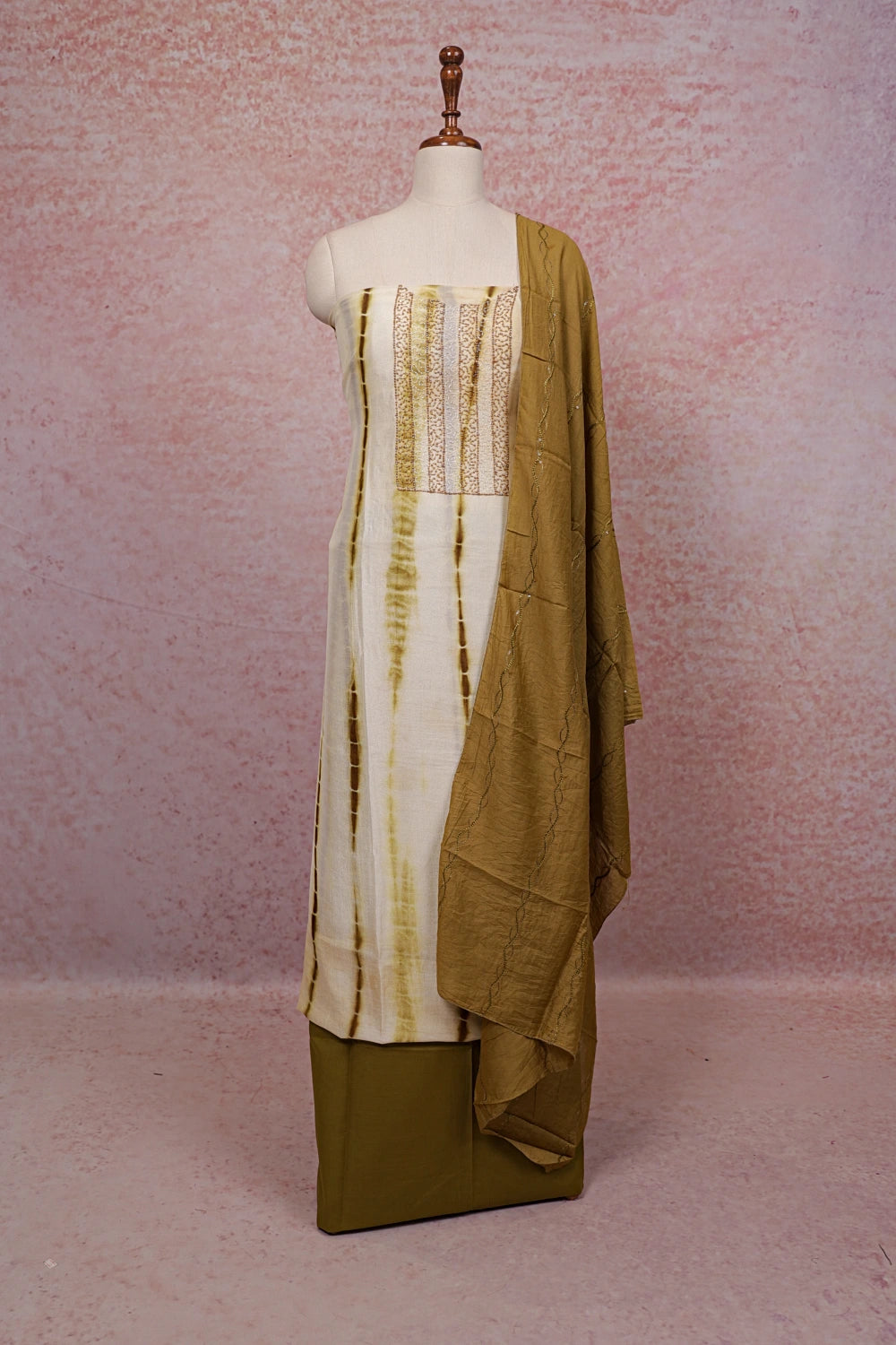 Sandal Color Vichitra Silk Beads Work Unstitched Churidhar Material