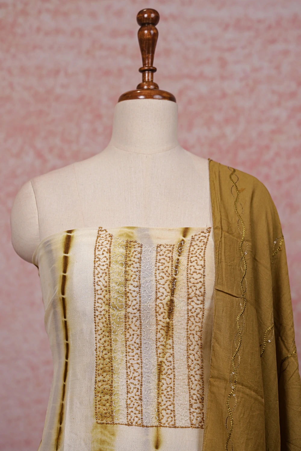Sandal Color Vichitra Silk Beads Work Unstitched Churidhar Material