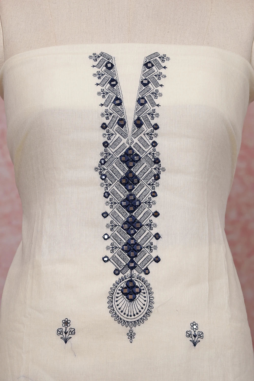 Cream Cotton Mirror Work Unstitched Churidhar Material