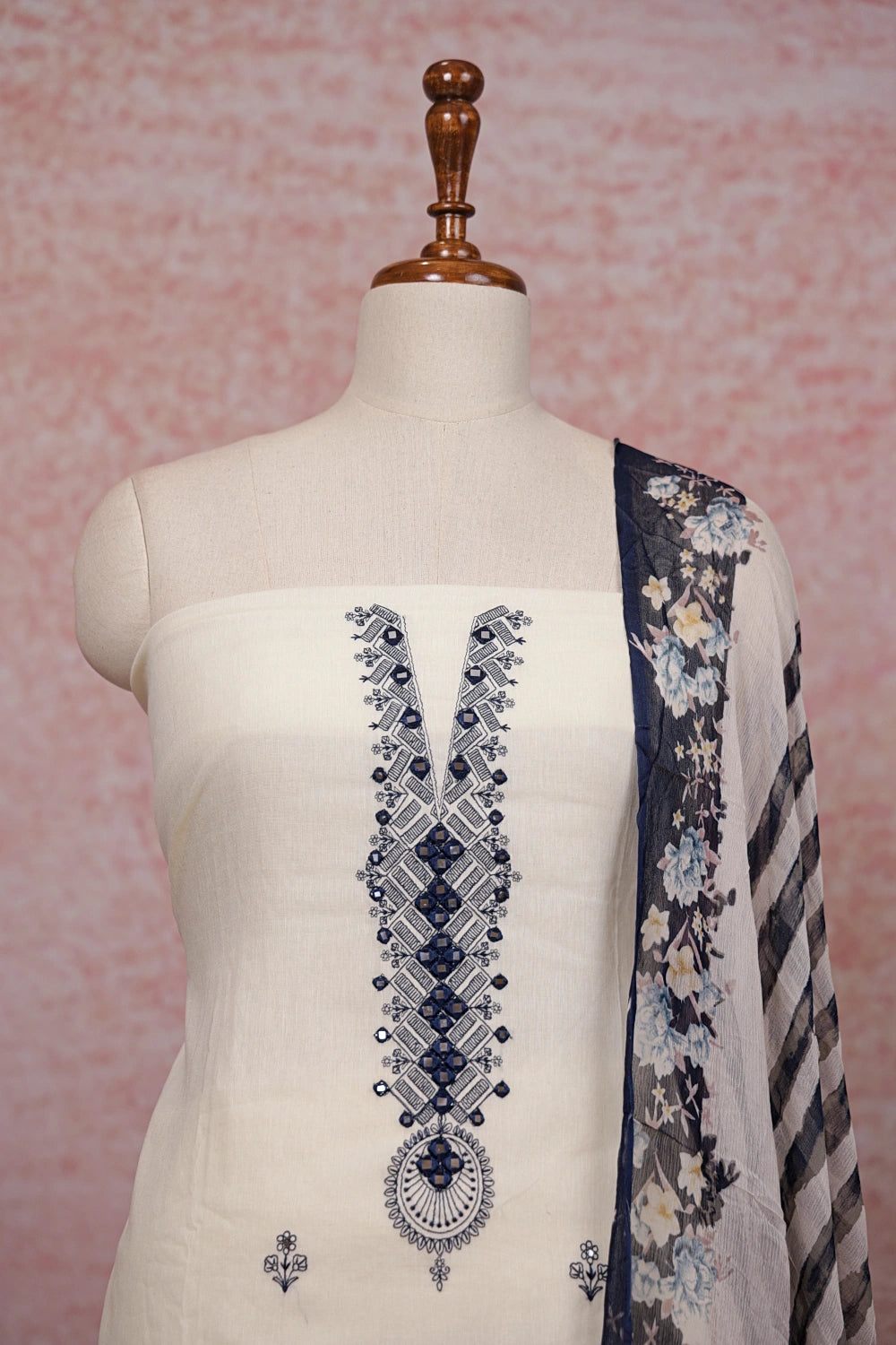 Cream Cotton Mirror Work Unstitched Churidhar Material