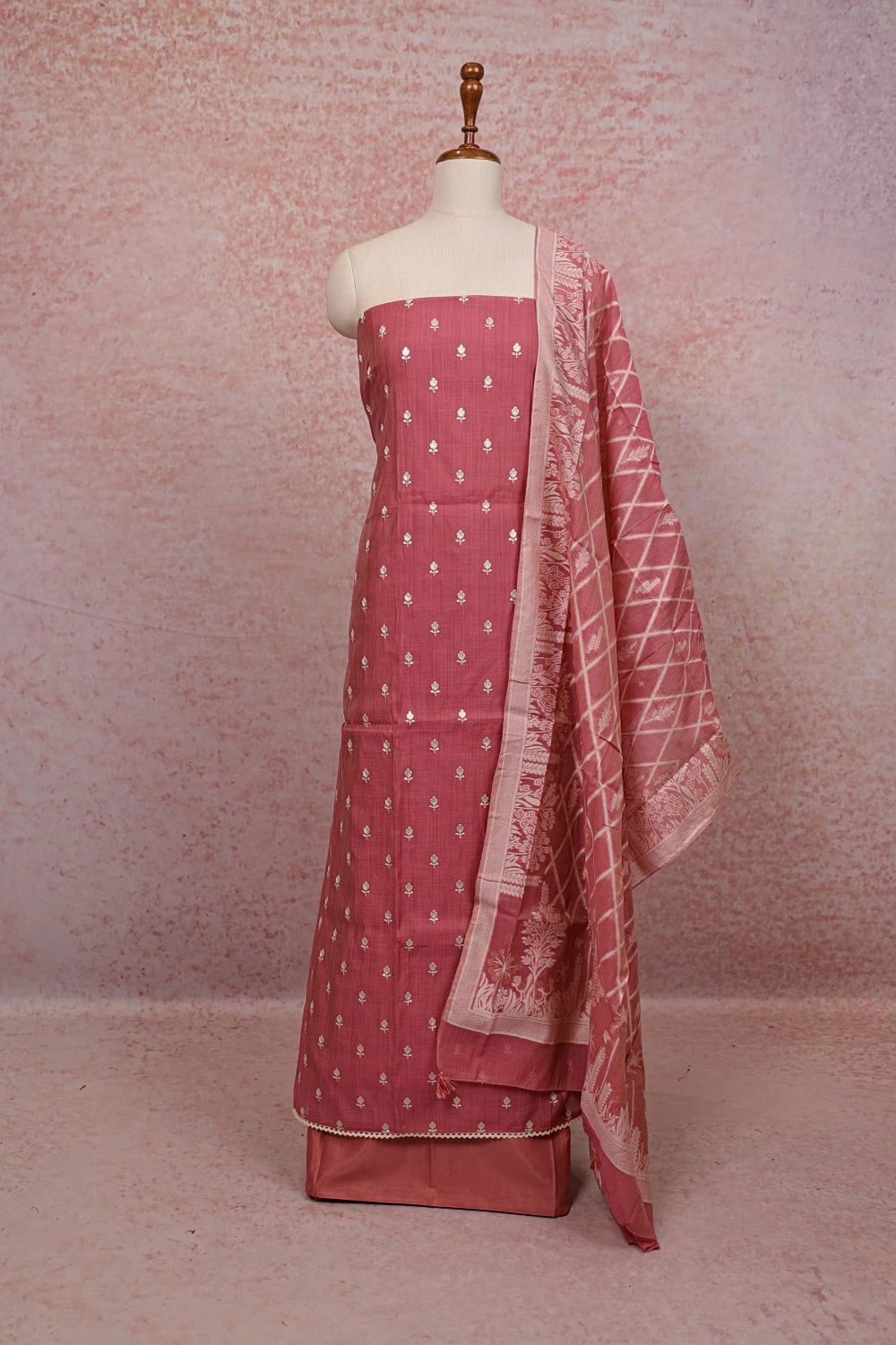 Onion Pink Chanderi Butta Work Unstitched Churidhar Material