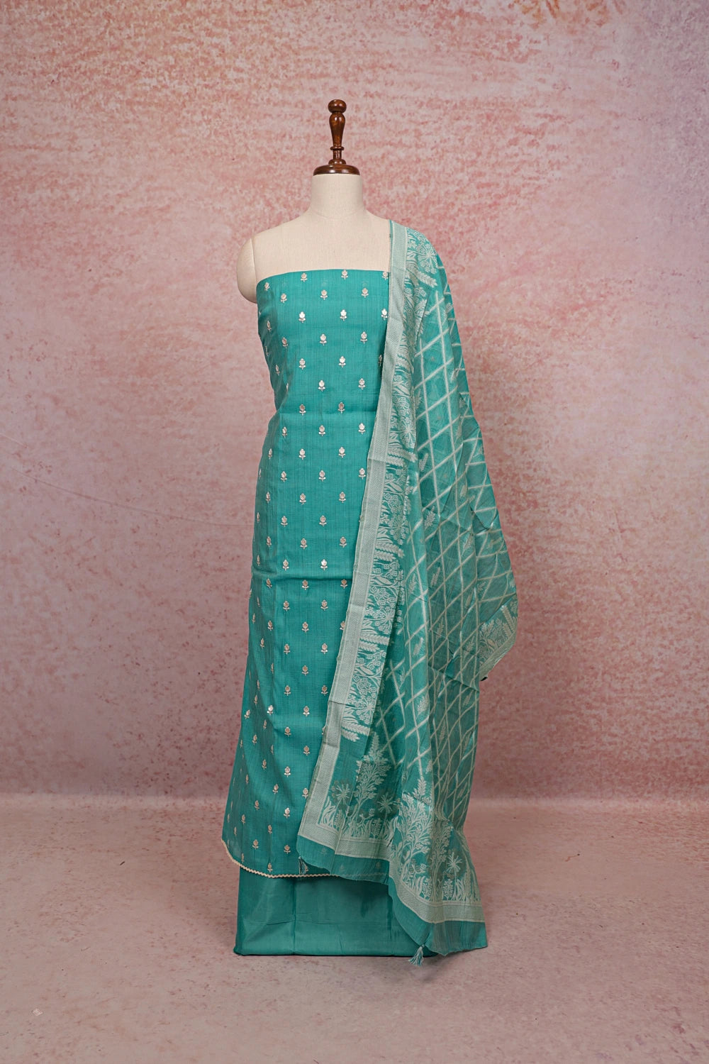 Sapphire Green Chanderi Butta Work Unstitched Churidhar Material