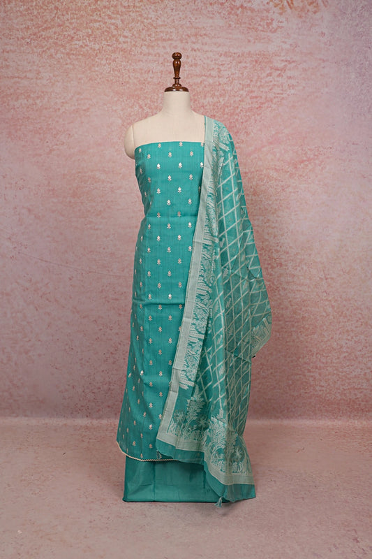 Sapphire Green Chanderi Butta Work Unstitched Churidhar Material