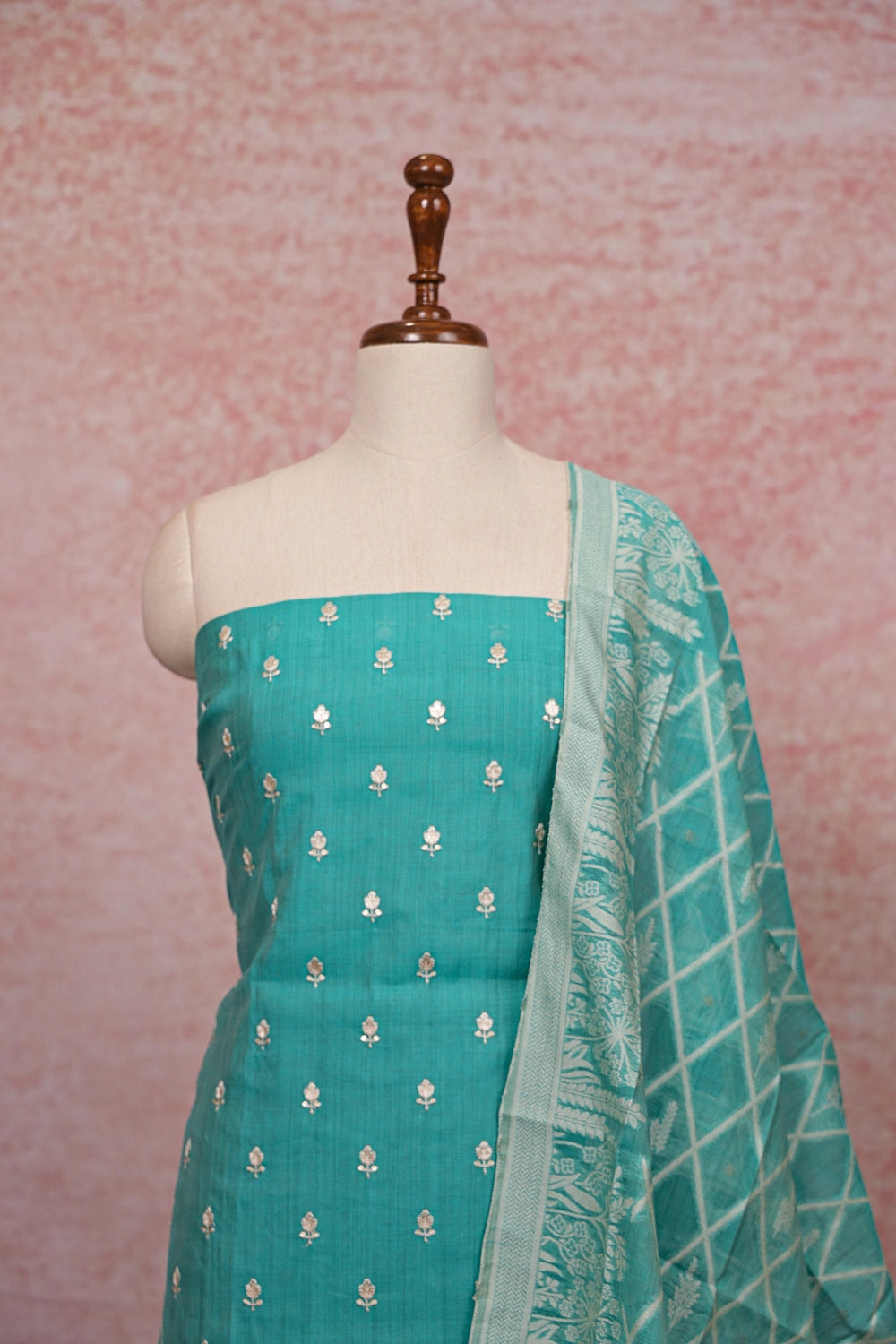 Sapphire Green Chanderi Butta Work Unstitched Churidhar Material