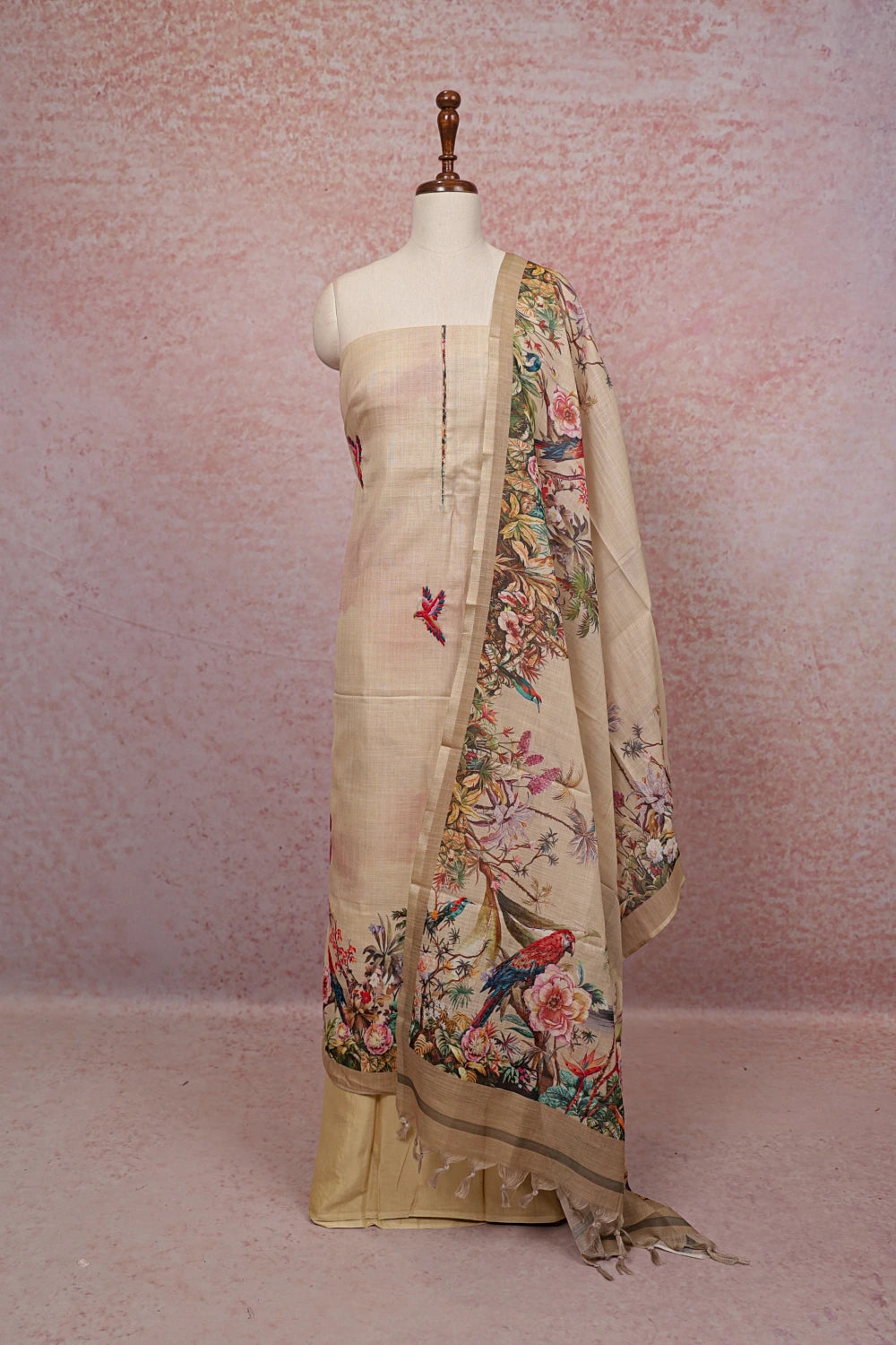 Sandal Colour Semi Linen Printed Unstitched Churidhar Material