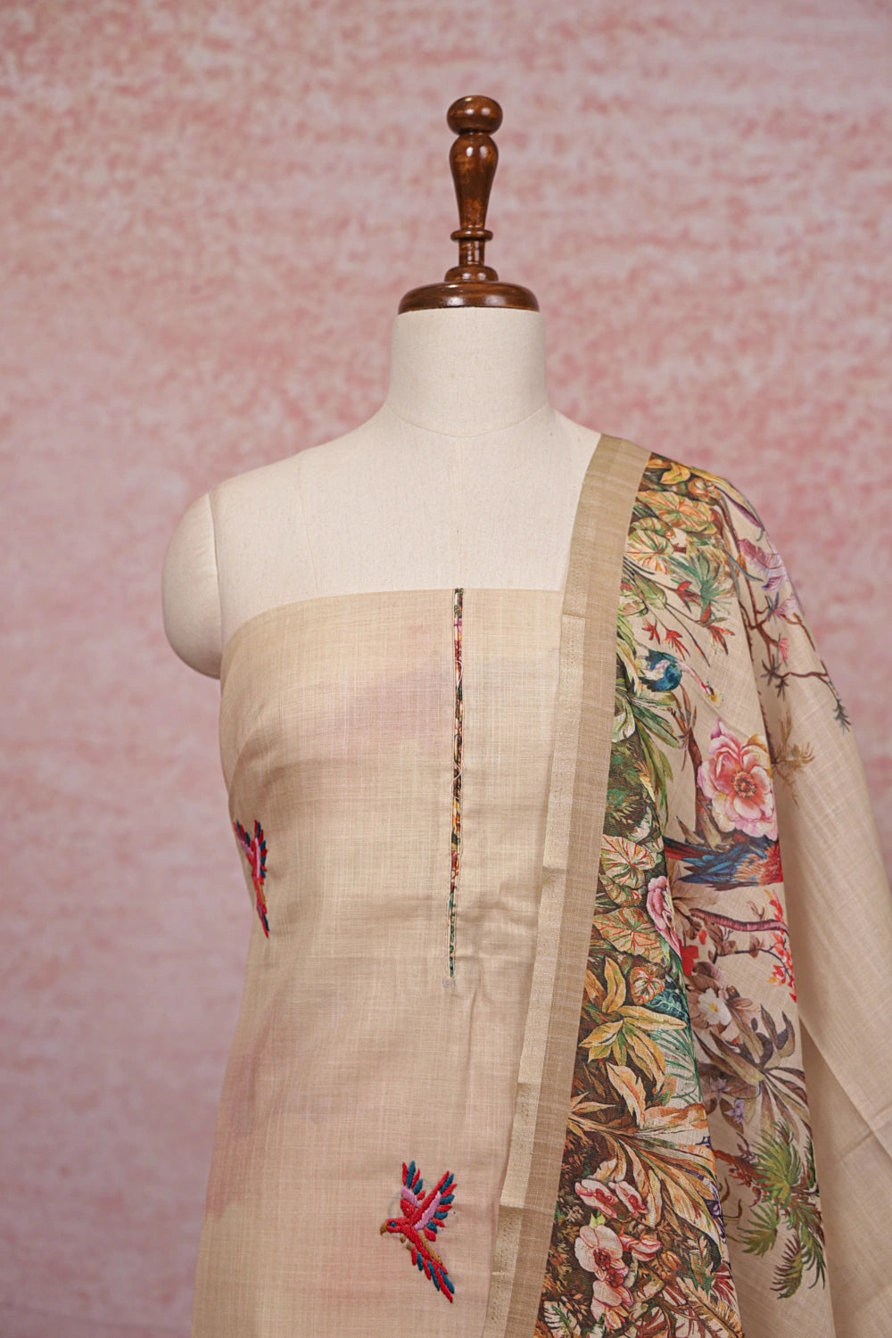 Sandal Colour Semi Linen Printed Unstitched Churidhar Material