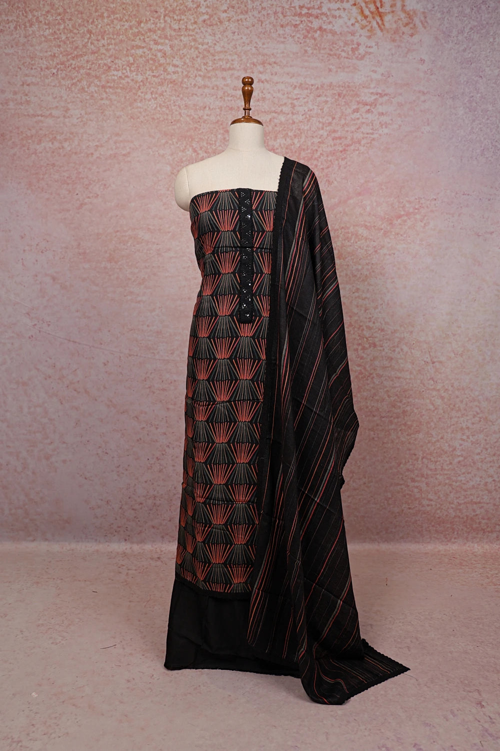 Black Semi Linen Printed Unstitched Churidhar Material