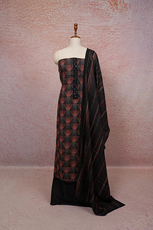 Black Semi Linen Printed Unstitched Churidhar Material
