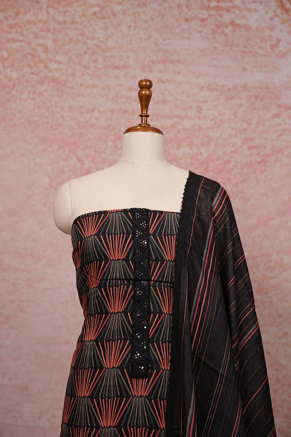 Black Semi Linen Printed Unstitched Churidhar Material