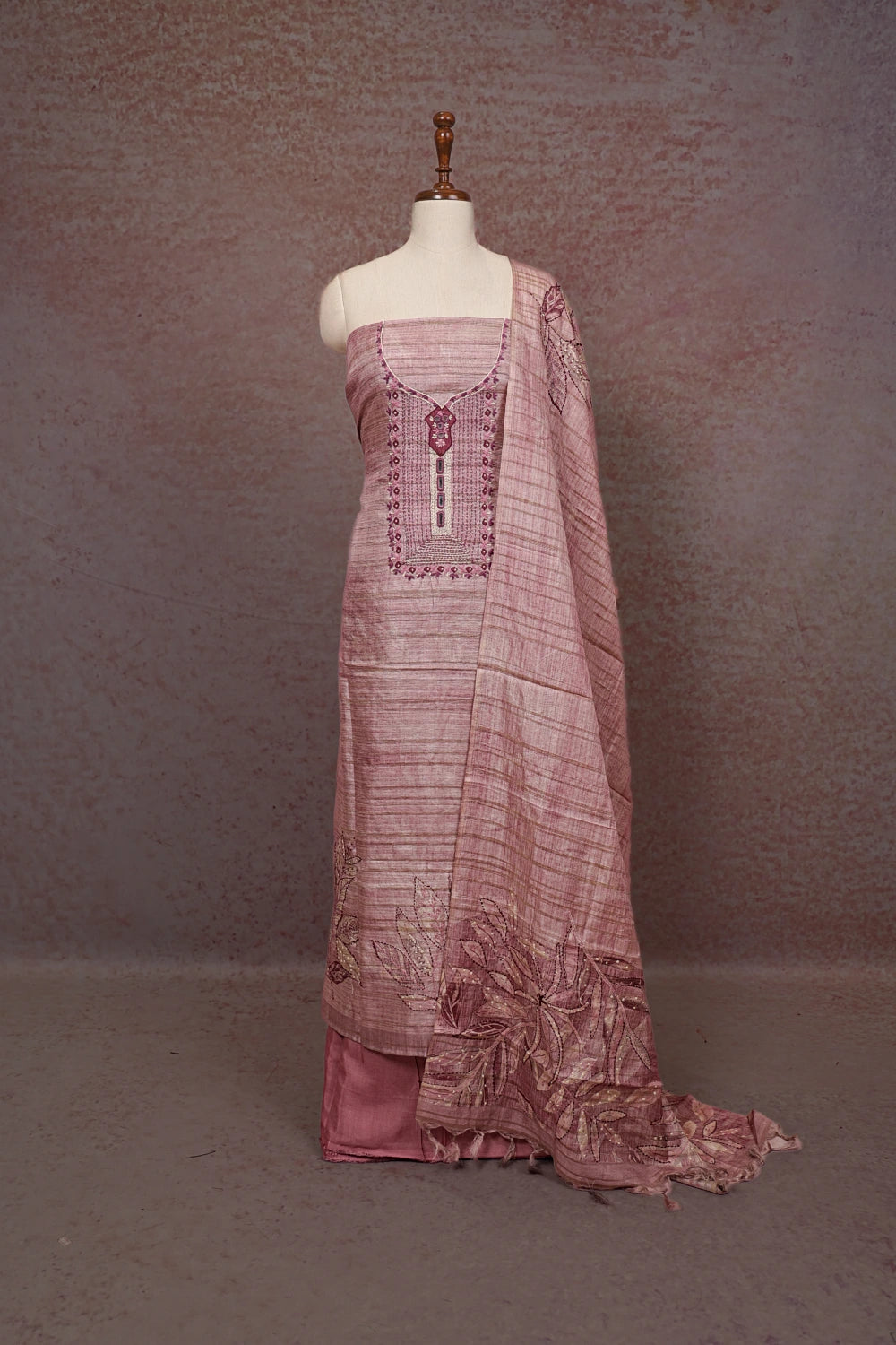 Onion Pink Semi Chanderi Embroidery Unstitched Churidhar Material