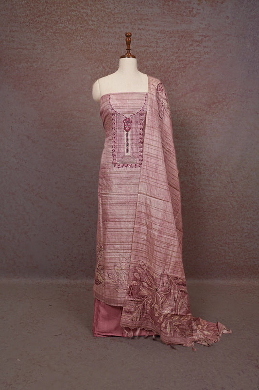 Onion Pink Semi Chanderi Embroidery Unstitched Churidhar Material