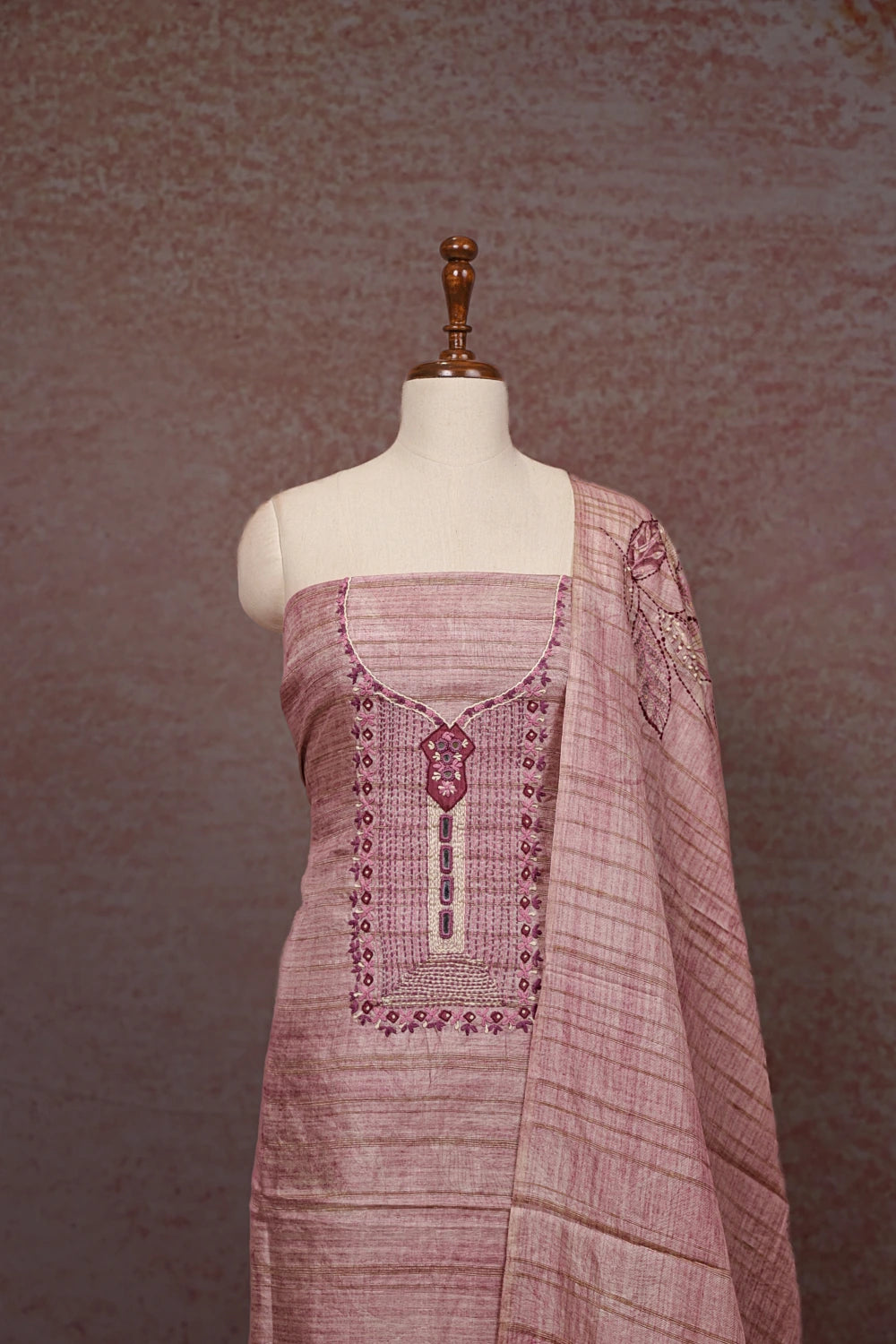 Onion Pink Semi Chanderi Embroidery Unstitched Churidhar Material