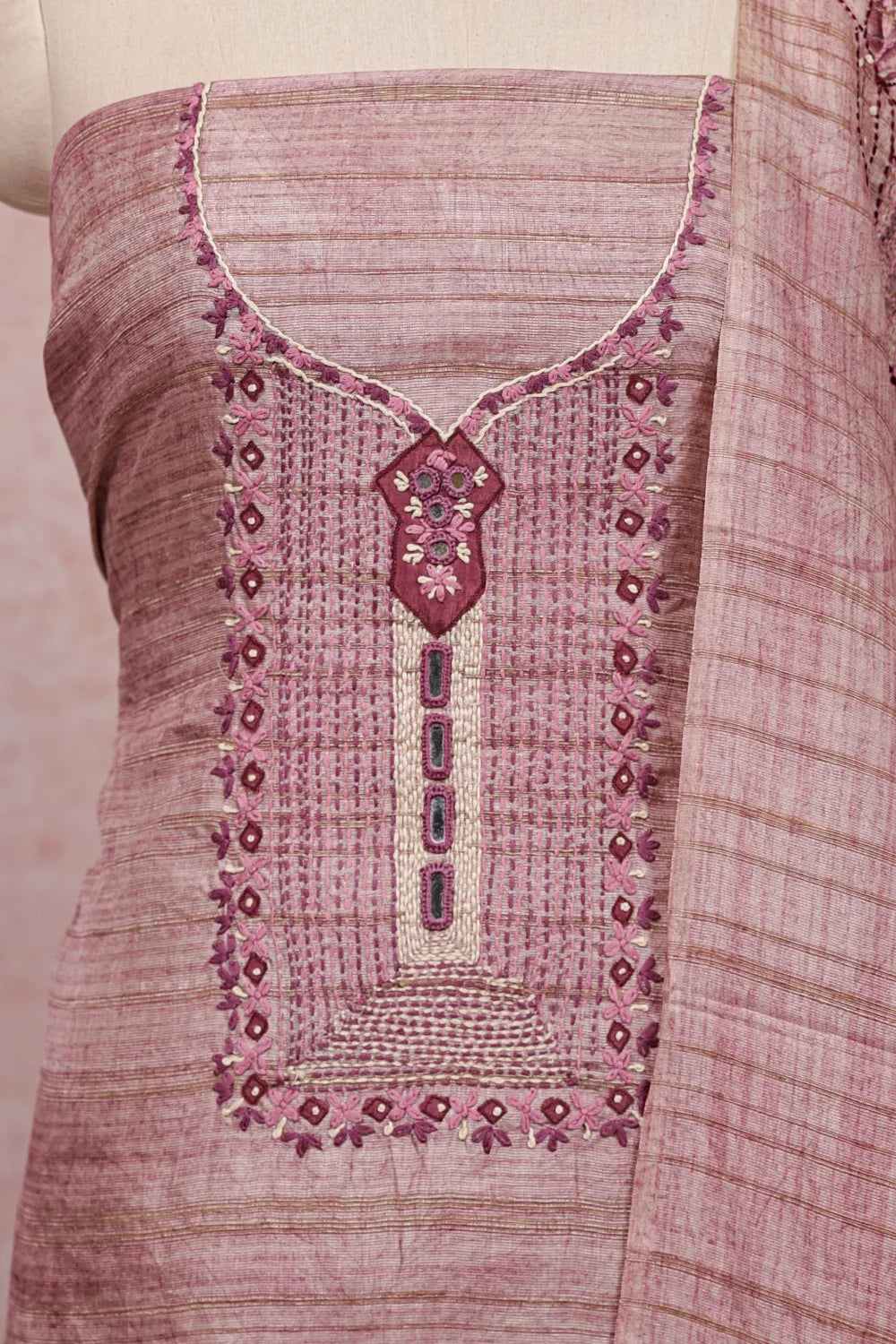 Onion Pink Semi Chanderi Embroidery Unstitched Churidhar Material