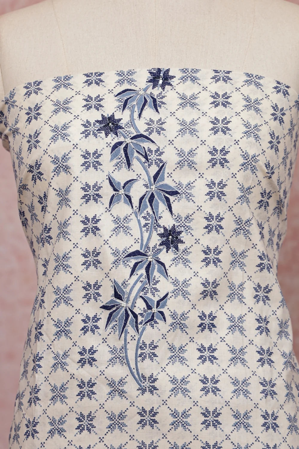 Off White Cotton Printed Unstitched Churidhar Material