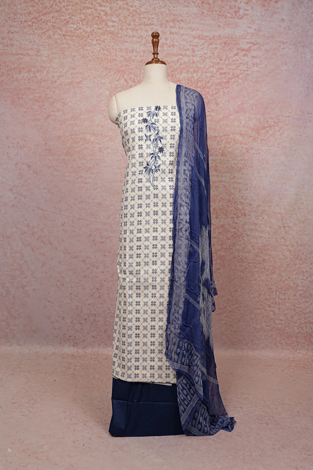 Off White Cotton Printed Unstitched Churidhar Material