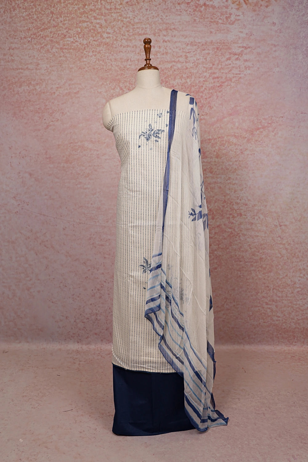 Cream Cotton Lines Unstitched Churidhar Material