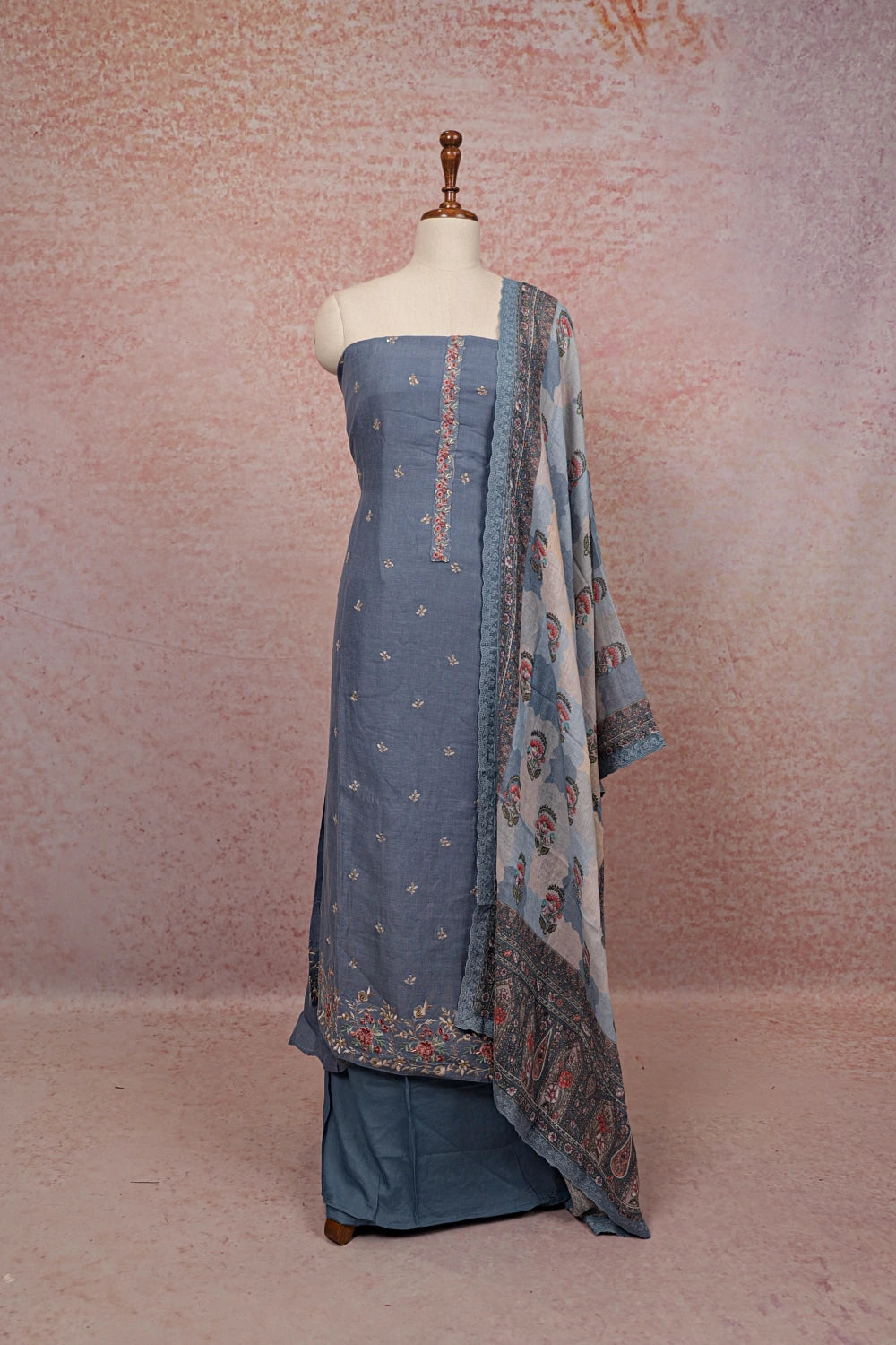 Greyish Blue Linen Butta Work Unstitched Churidhar Material