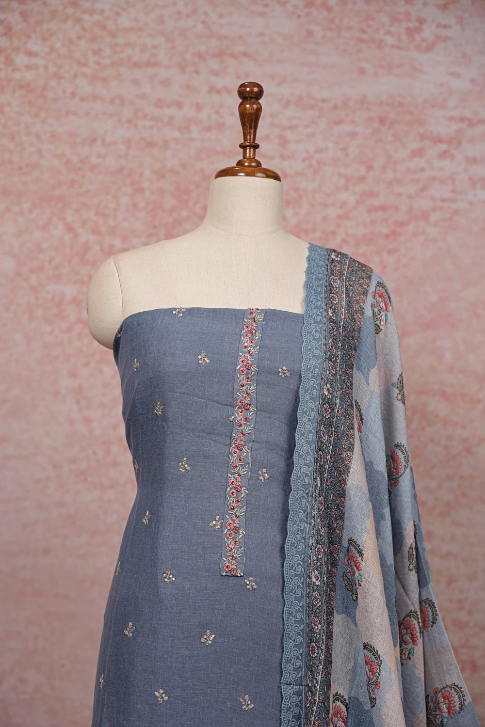 Greyish Blue Linen Butta Work Unstitched Churidhar Material