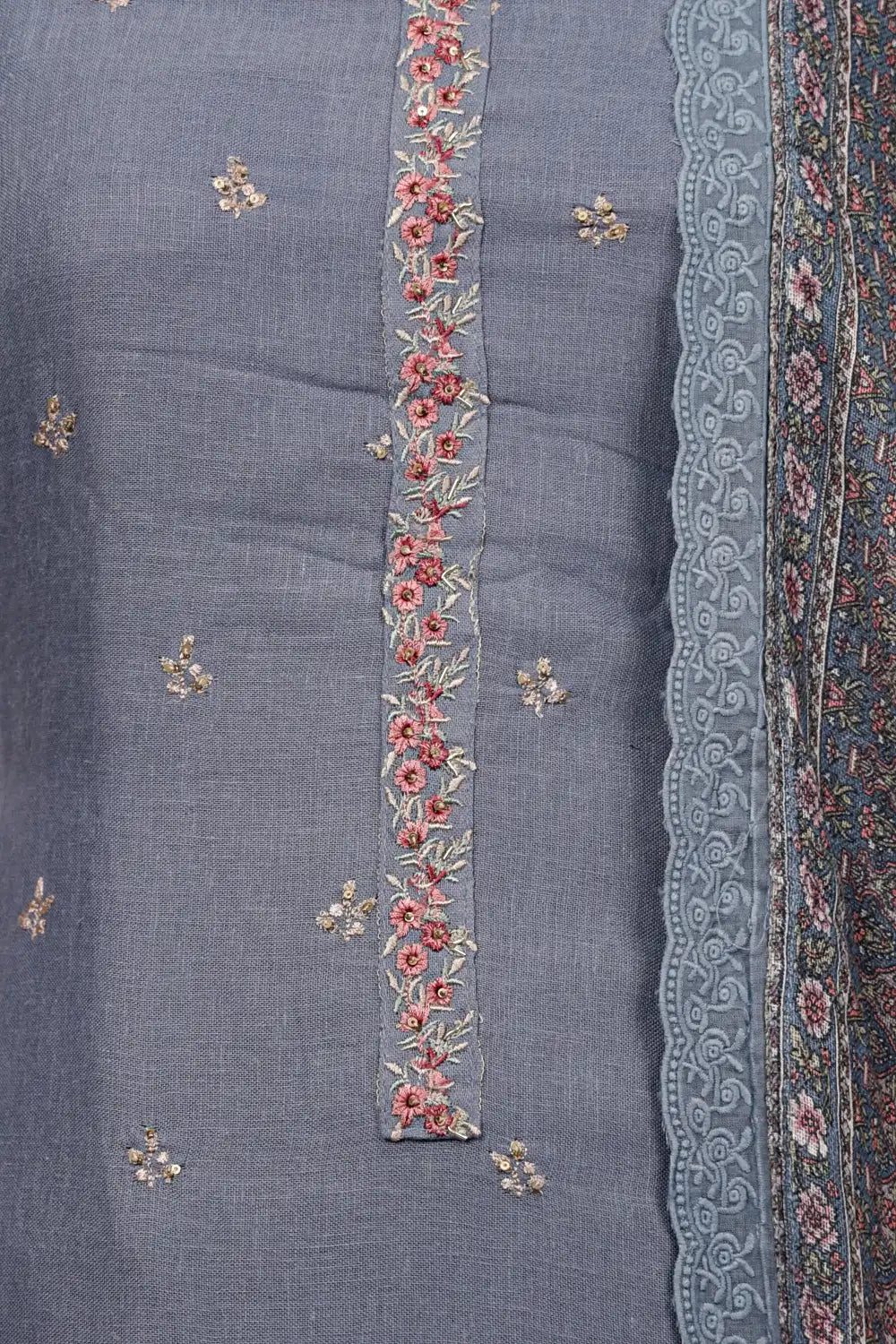 Greyish Blue Linen Butta Work Unstitched Churidhar Material