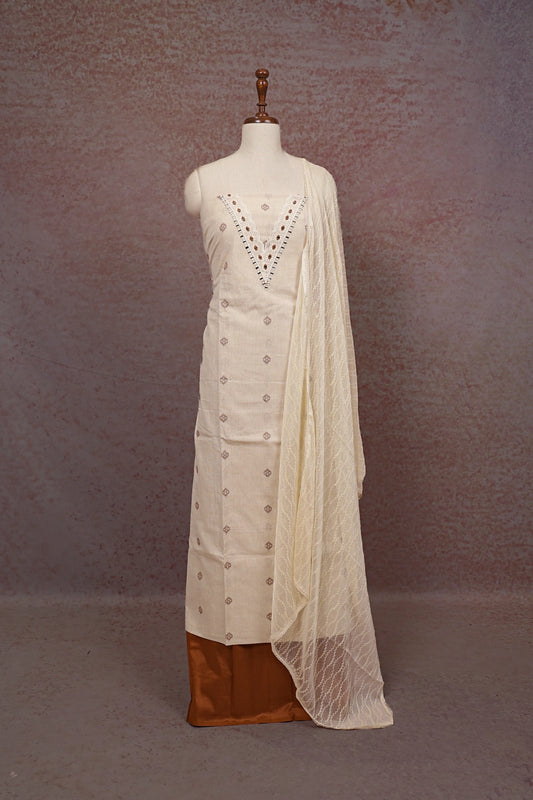Cream Cotton Mirror Work Unstitched Churidhar Material