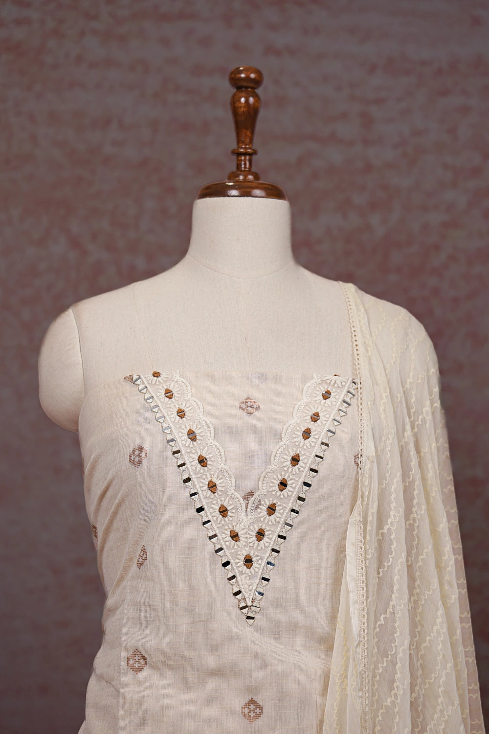 Cream Cotton Mirror Work Unstitched Churidhar Material