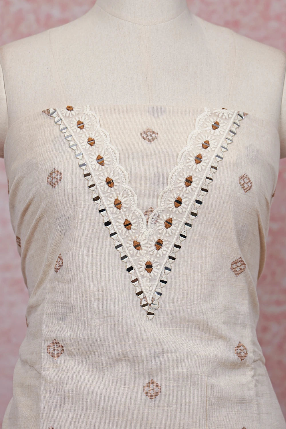 Cream Cotton Mirror Work Unstitched Churidhar Material