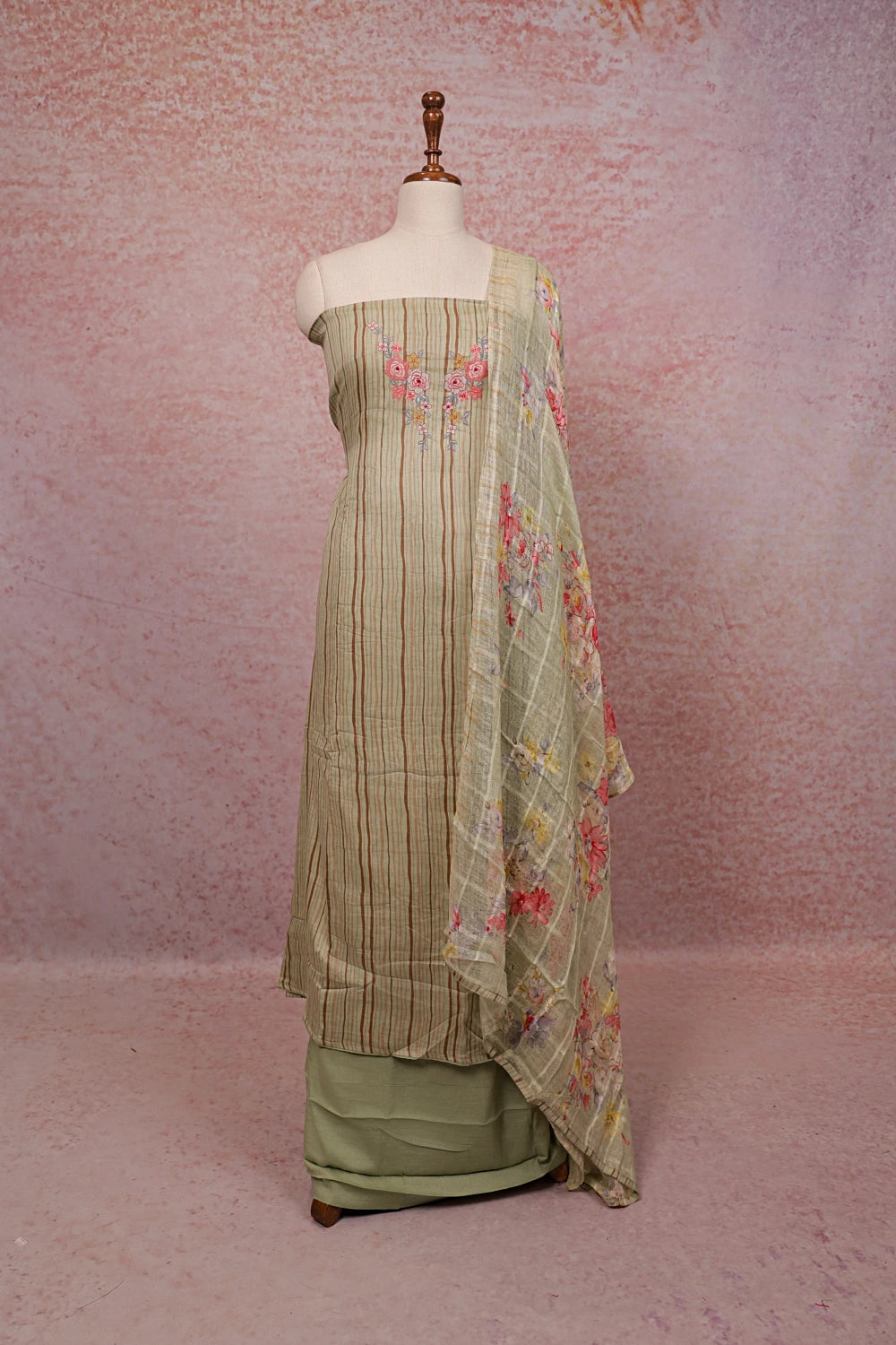 Light Green Cotton Lines Unstitched Churidhar Material