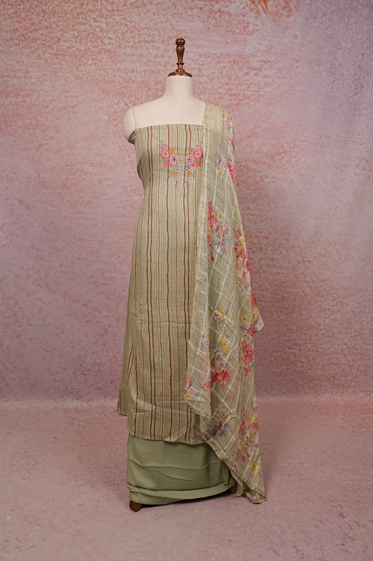 Light Green Cotton Lines Unstitched Churidhar Material