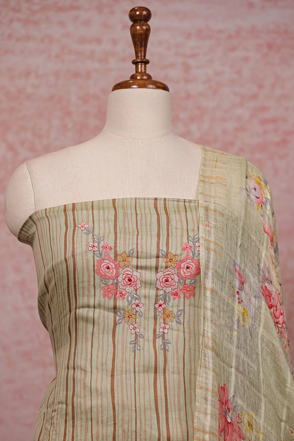 Light Green Cotton Lines Unstitched Churidhar Material