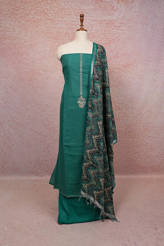 Sapphire Green Linen Silk Beads Work Unstitched Churidhar Material