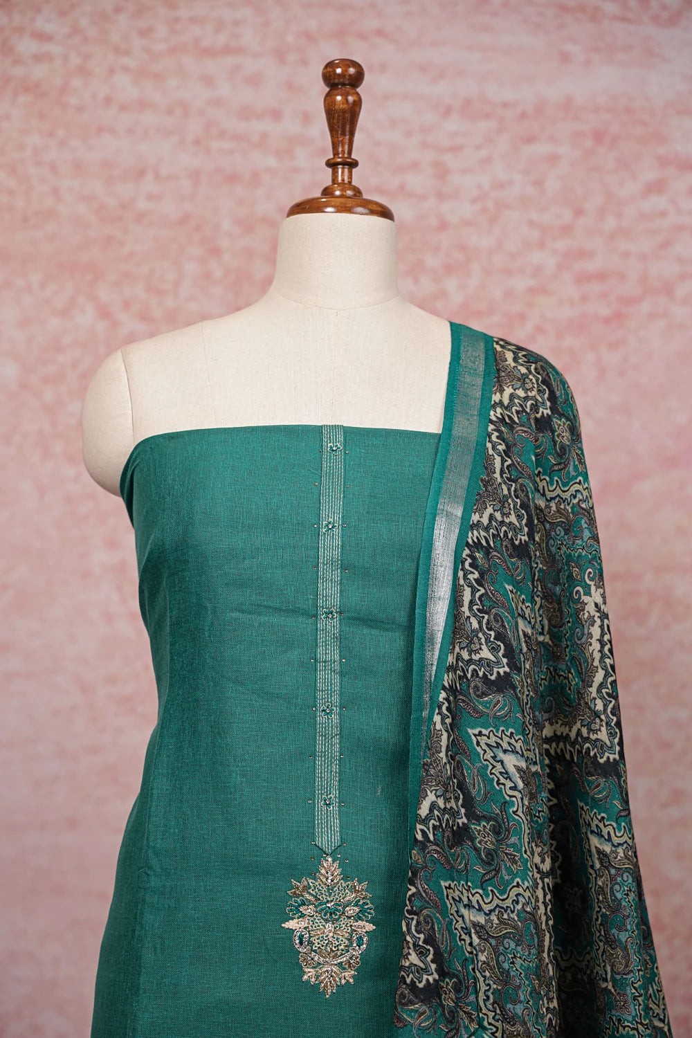Sapphire Green Linen Silk Beads Work Unstitched Churidhar Material