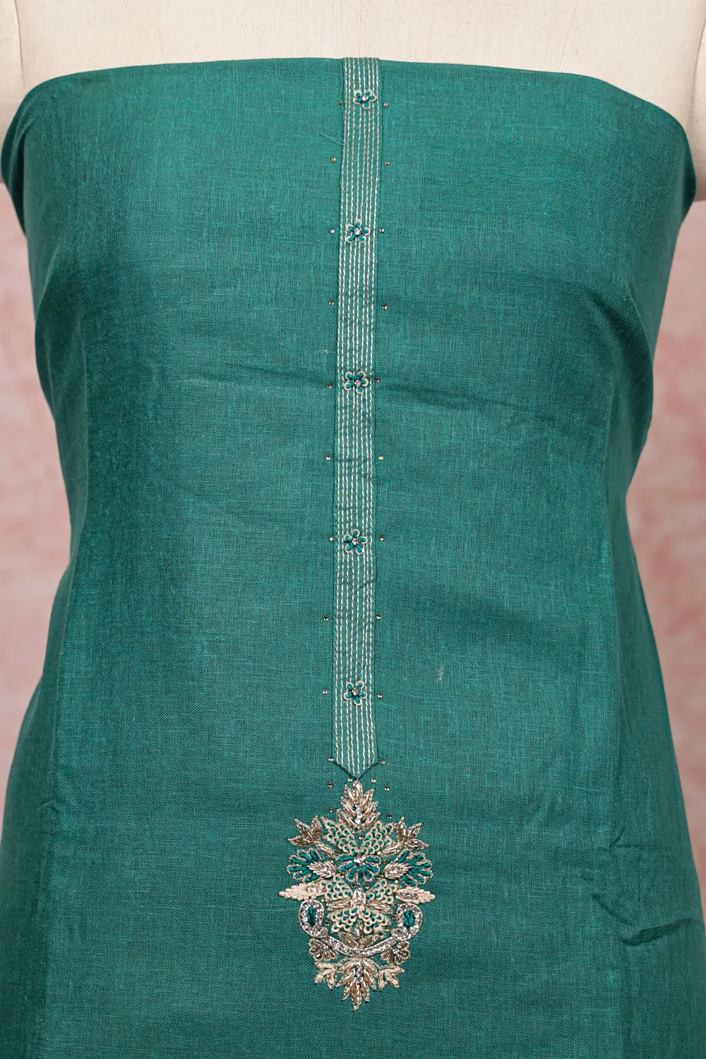 Sapphire Green Linen Silk Beads Work Unstitched Churidhar Material