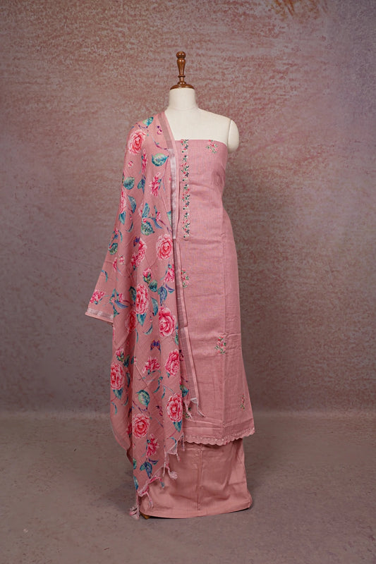 Onion Pink Linen Embroidery Unstitched Churidhar Material