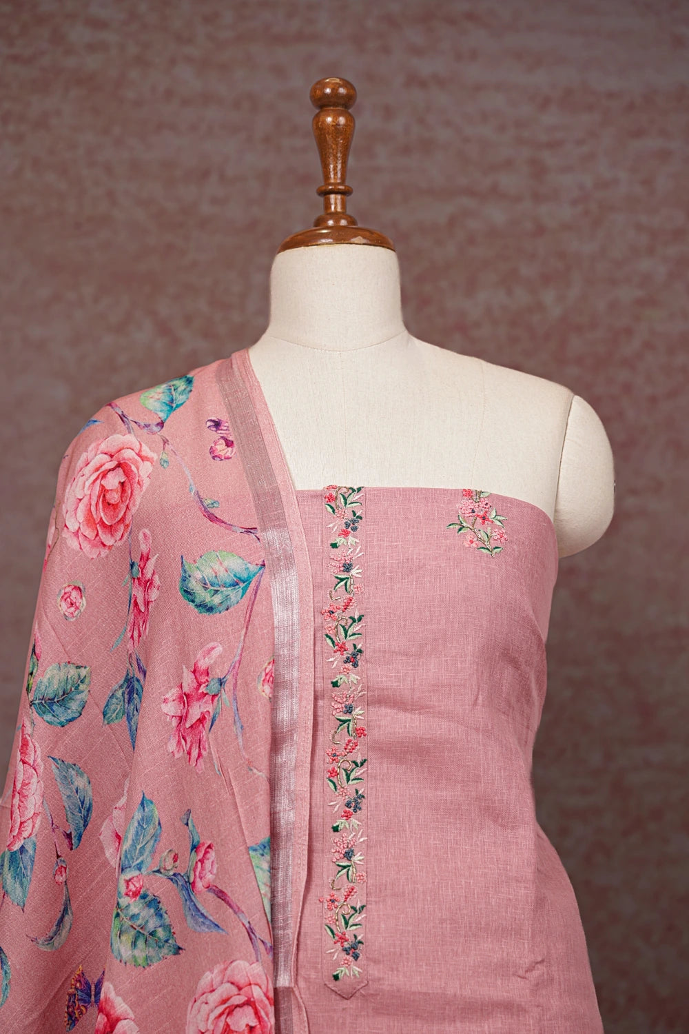 Onion Pink Linen Embroidery Unstitched Churidhar Material