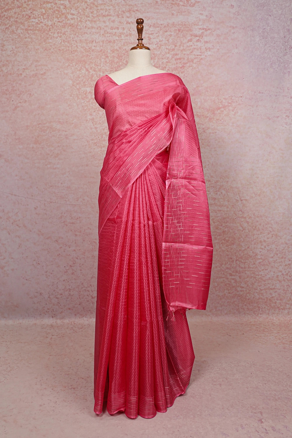 Coral Red Tussar Silk Saree