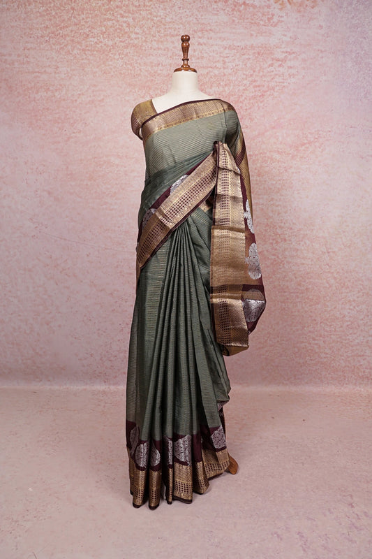 Ash Green Semi Silk Saree