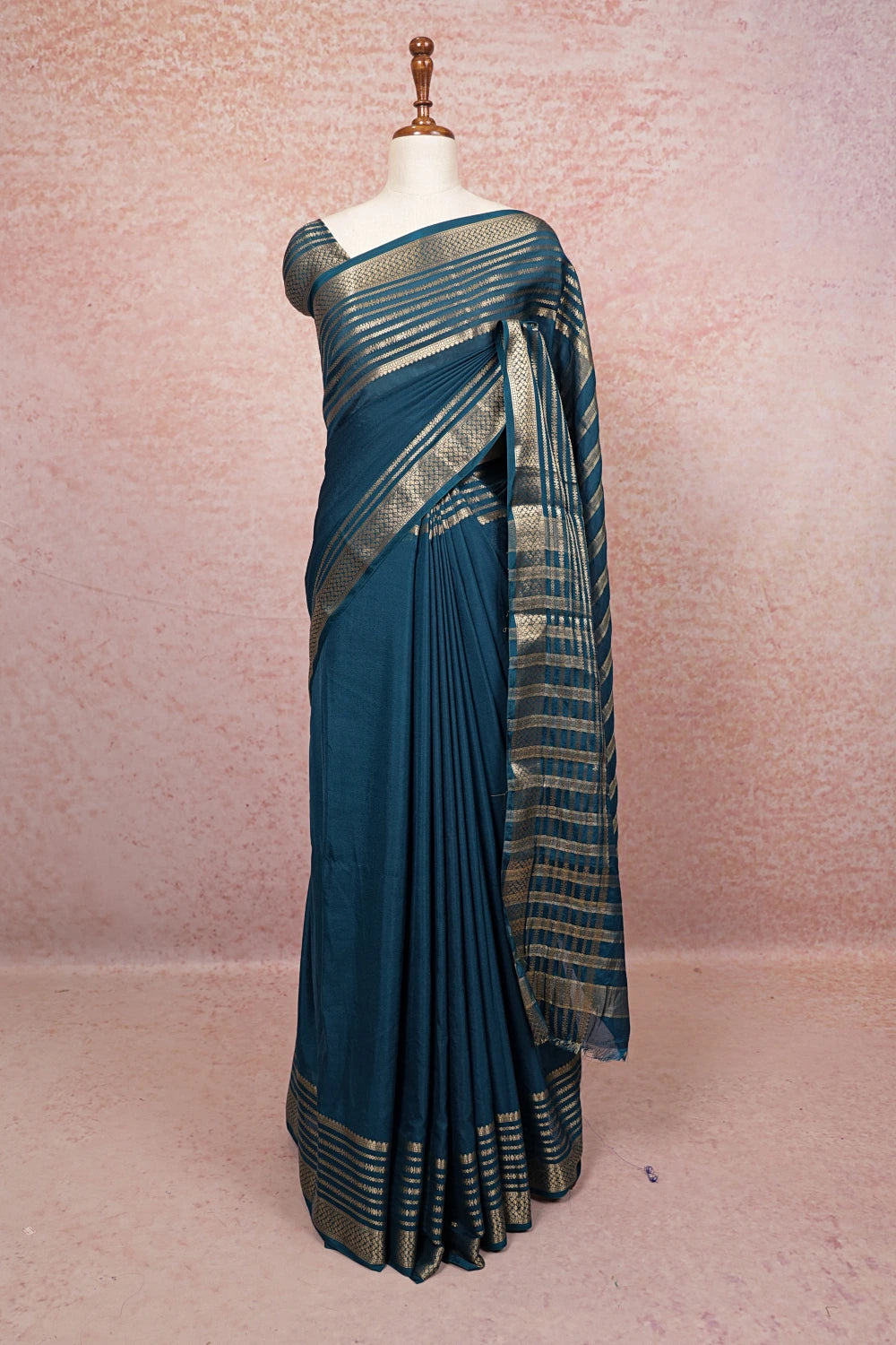 Dark Teal Blue Semi Banarasi Saree