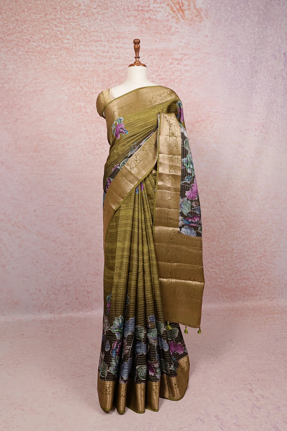 Moss Green Semi Banarasi Saree