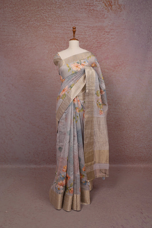 Bluish Grey Semi Chanderi Saree