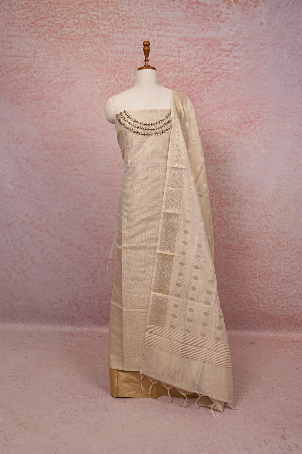 Cream Tissue Beads Work Unstitched Churidhar Material