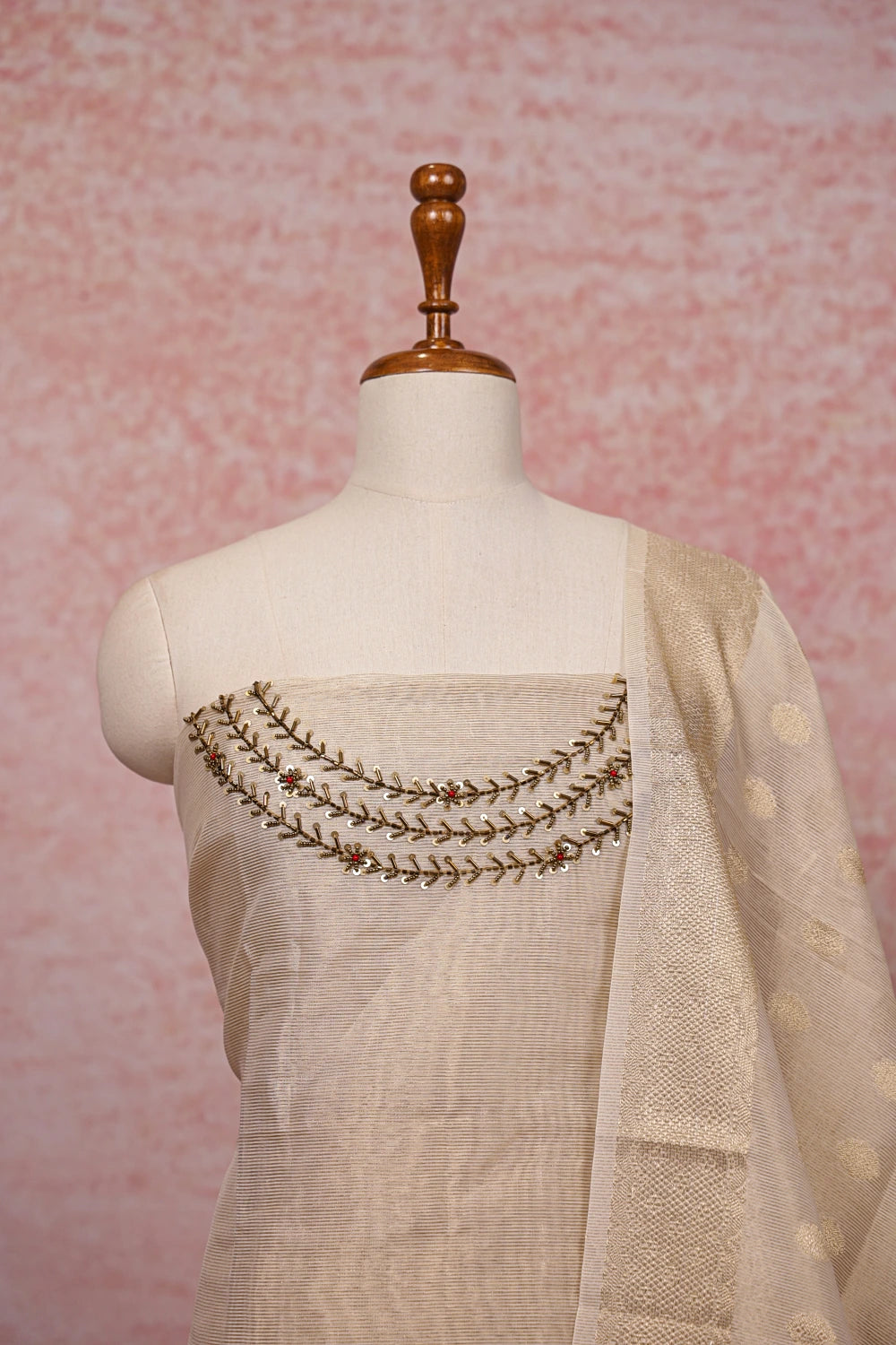 Cream Tissue Beads Work Unstitched Churidhar Material