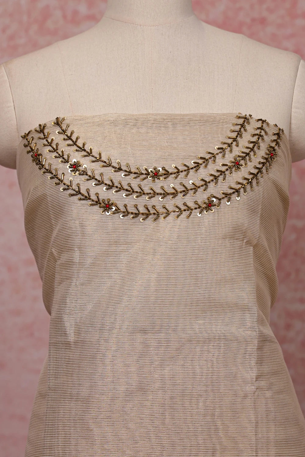Cream Tissue Beads Work Unstitched Churidhar Material