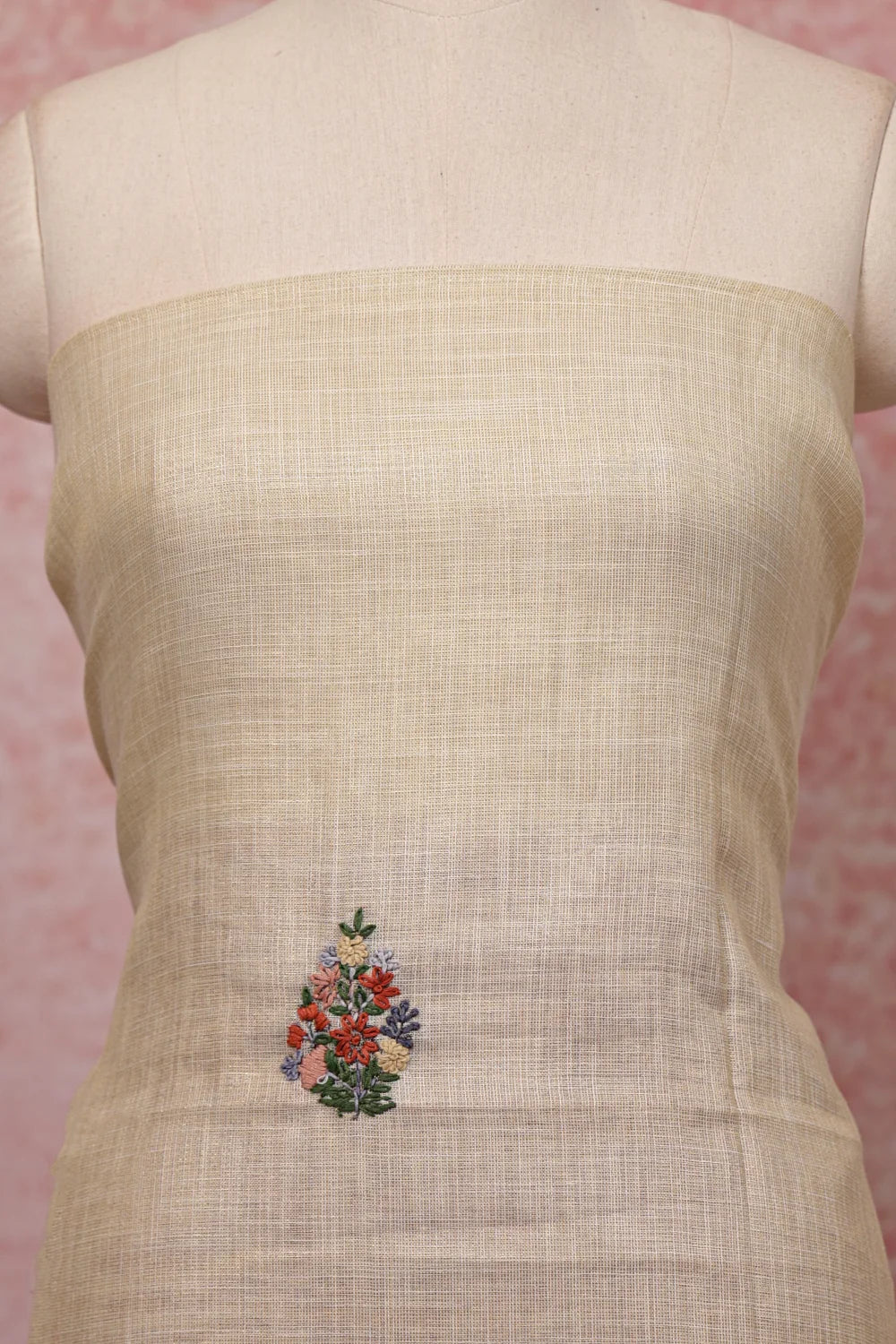 Off White Linen Hand Work Unstitched Churidhar Material