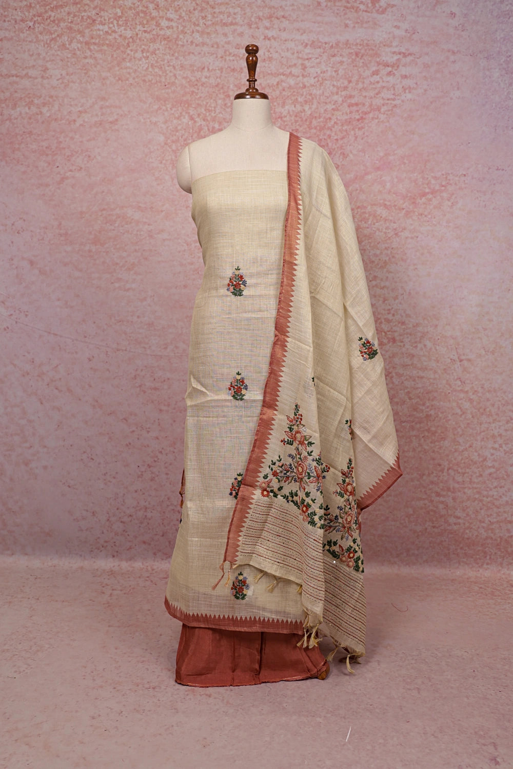 Off White Linen Hand Work Unstitched Churidhar Material