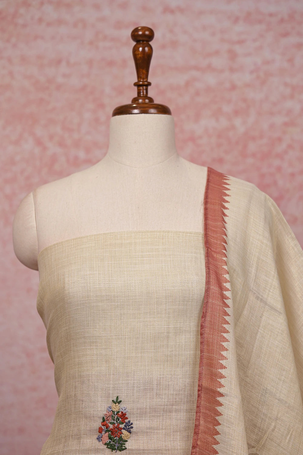 Off White Linen Hand Work Unstitched Churidhar Material