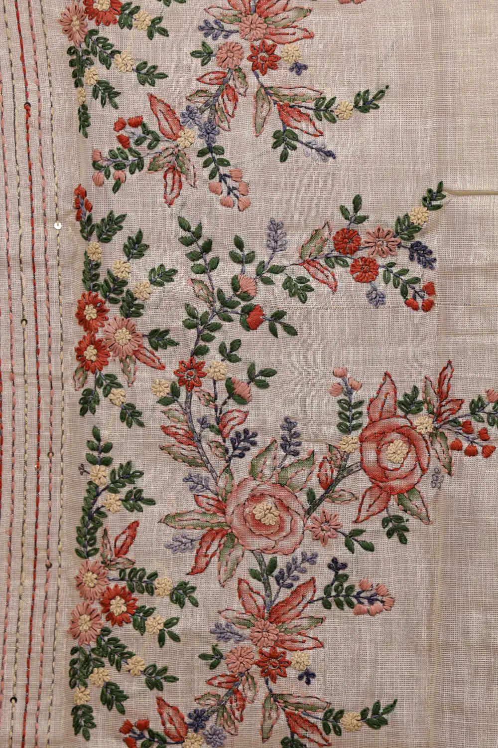 Off White Linen Hand Work Unstitched Churidhar Material
