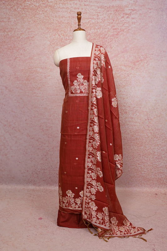 Brick Chanderi Thread Work Unstitched Churidhar Material