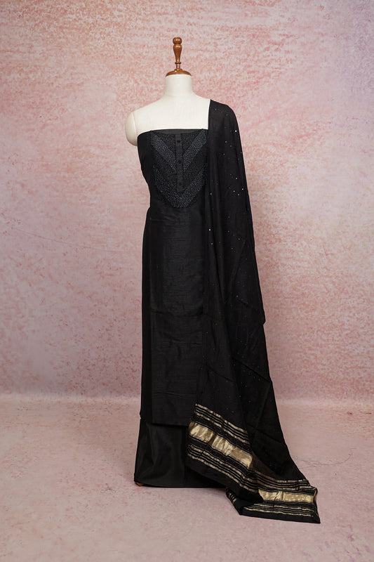 Black Semi Silk Beads Work Unstitched Churidhar Material